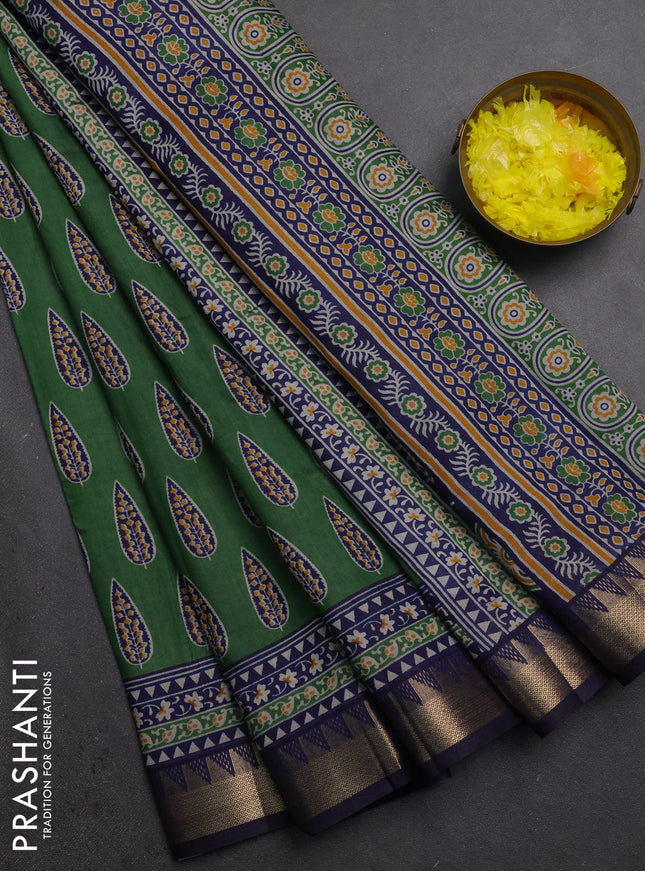 Semi maheshwari cotton saree green and navy blue with allover butta prints and zari woven border