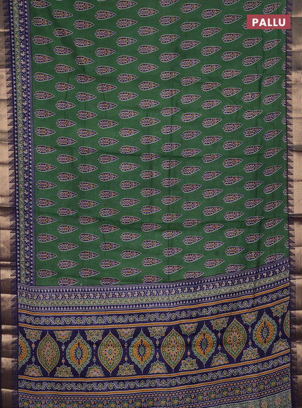 Semi maheshwari cotton saree green and navy blue with allover butta prints and zari woven border