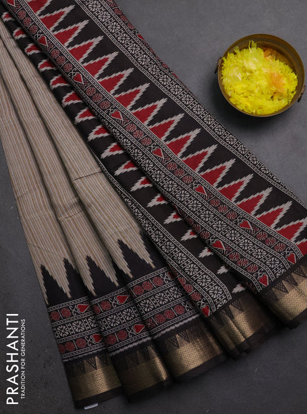 Semi maheshwari cotton saree beige and black with allover stripes pattern and zari woven border