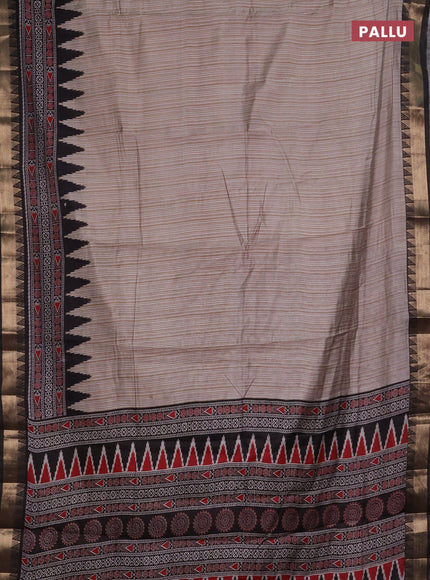 Semi maheshwari cotton saree beige and black with allover stripes pattern and zari woven border