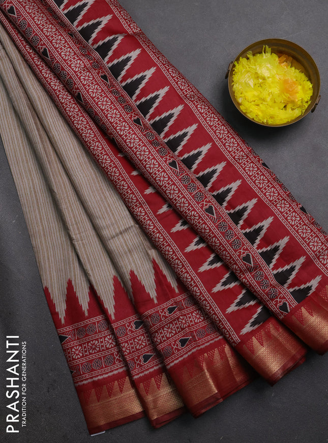 Semi maheshwari cotton saree beige and maroon with allover stripes pattern and temple design zari woven border