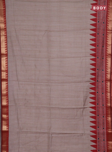 Semi maheshwari cotton saree beige and maroon with allover stripes pattern and temple design zari woven border