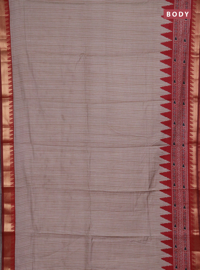 Semi maheshwari cotton saree beige and maroon with allover stripes pattern and temple design zari woven border