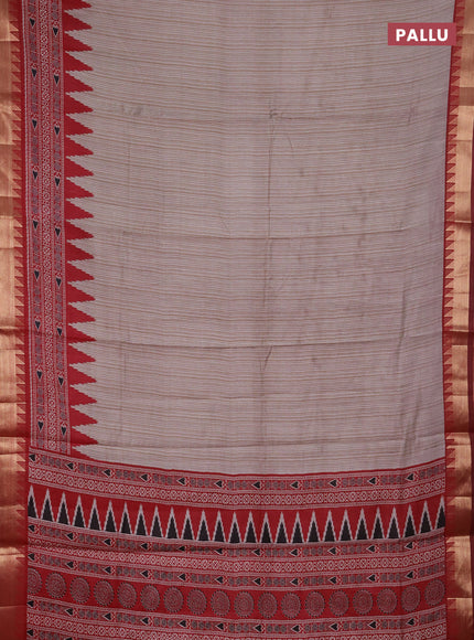 Semi maheshwari cotton saree beige and maroon with allover stripes pattern and temple design zari woven border
