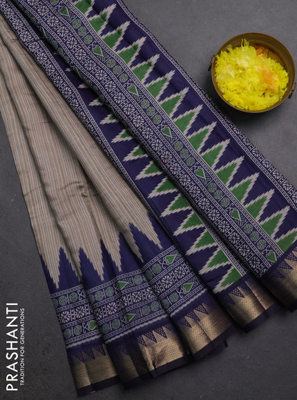 Semi maheshwari cotton saree beige and navy blue with allover stripes pattern and temple design zari woven border