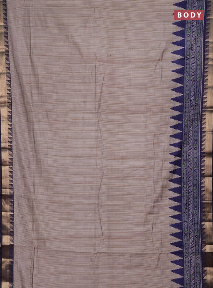 Semi maheshwari cotton saree beige and navy blue with allover stripes pattern and temple design zari woven border