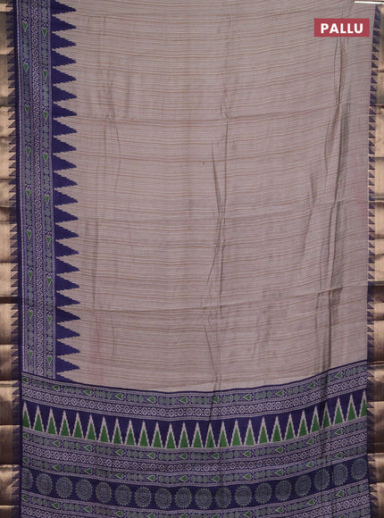 Semi maheshwari cotton saree beige and navy blue with allover stripes pattern and temple design zari woven border