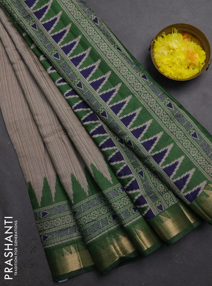 Semi maheshwari cotton saree beige and green with allover stripes pattern and temple design zari woven border