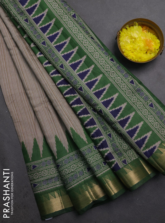 Semi maheshwari cotton saree beige and green with allover stripes pattern and temple design zari woven border