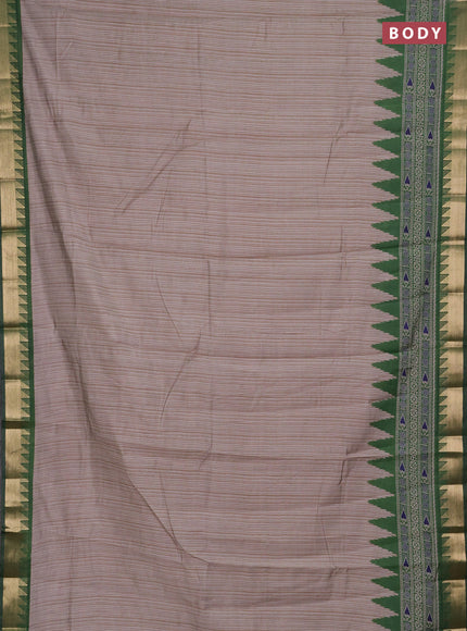 Semi maheshwari cotton saree beige and green with allover stripes pattern and temple design zari woven border