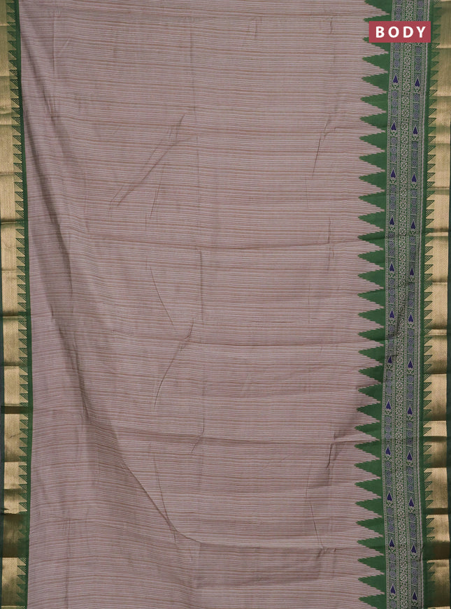 Semi maheshwari cotton saree beige and green with allover stripes pattern and temple design zari woven border