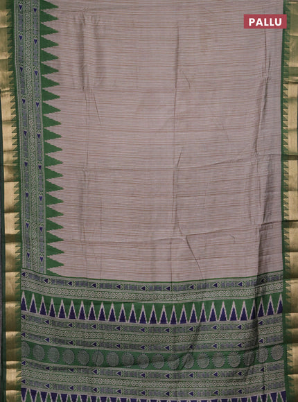 Semi maheshwari cotton saree beige and green with allover stripes pattern and temple design zari woven border