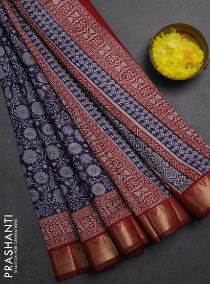 Semi maheshwari cotton saree navy blue and maroon with allover floral prints and zari woven border