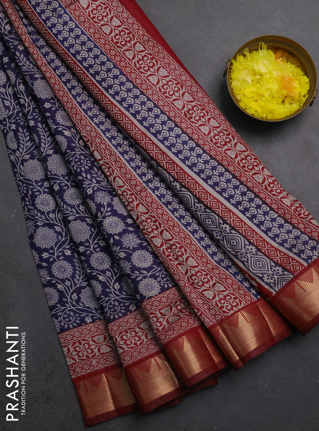 Semi maheshwari cotton saree navy blue and maroon with allover floral prints and zari woven border