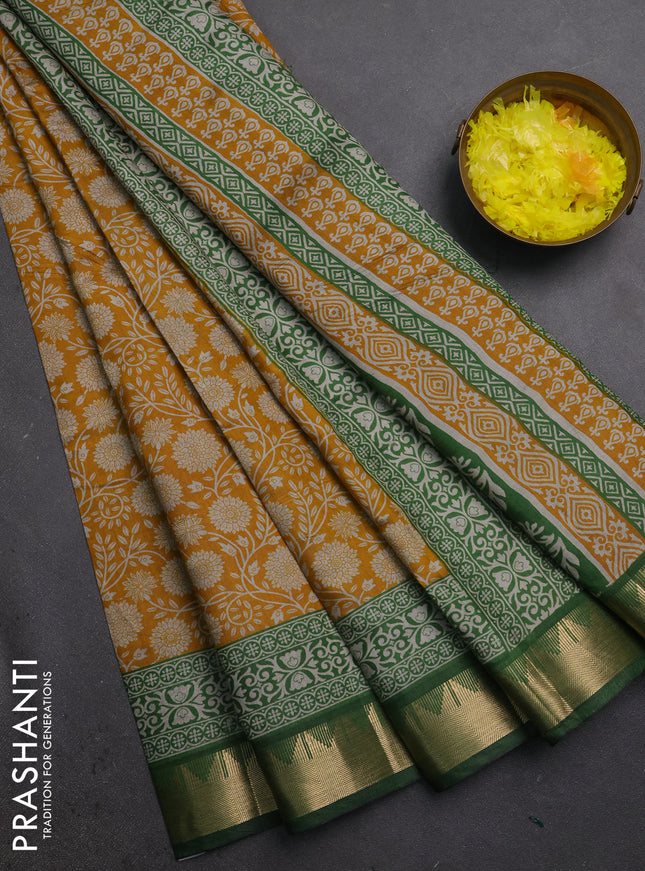 Semi maheshwari cotton saree mustard yellow and light green with allover floral prints and zari woven border