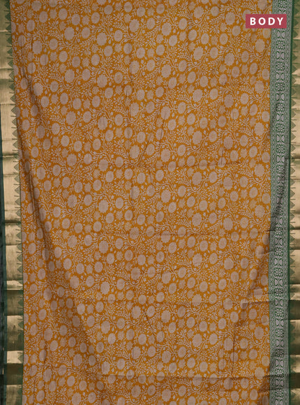 Semi maheshwari cotton saree mustard yellow and light green with allover floral prints and zari woven border