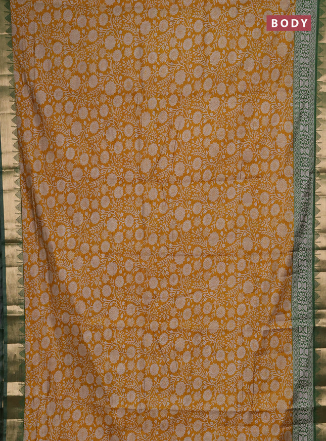 Semi maheshwari cotton saree mustard yellow and light green with allover floral prints and zari woven border