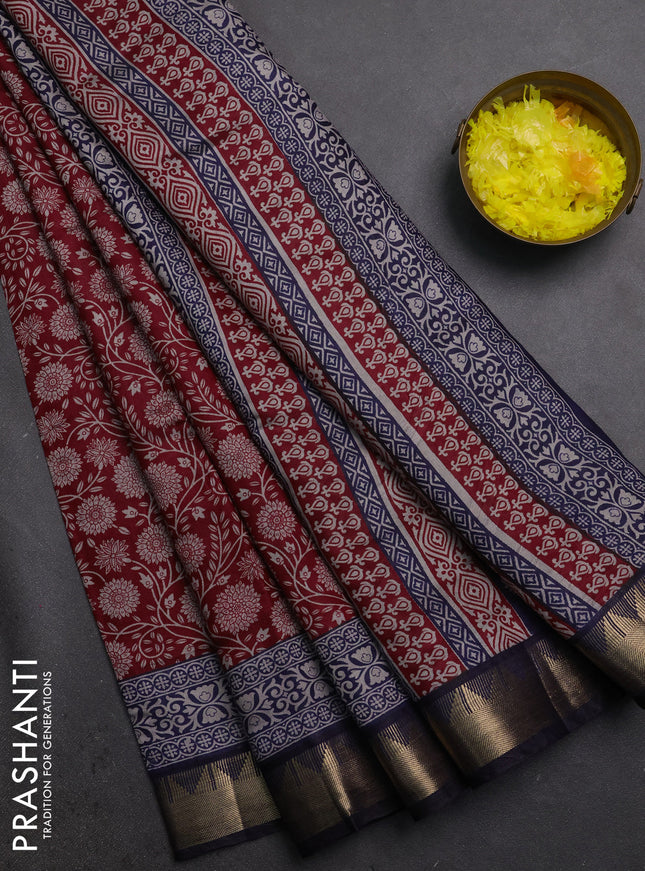 Semi maheshwari cotton saree maroon and navy blue with allover floral prints and zari woven border