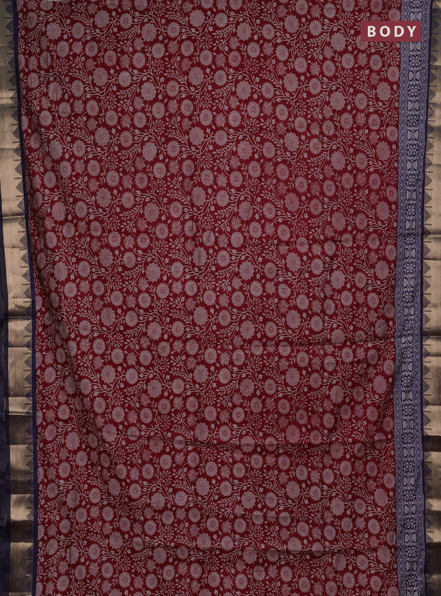 Semi maheshwari cotton saree maroon and navy blue with allover floral prints and zari woven border