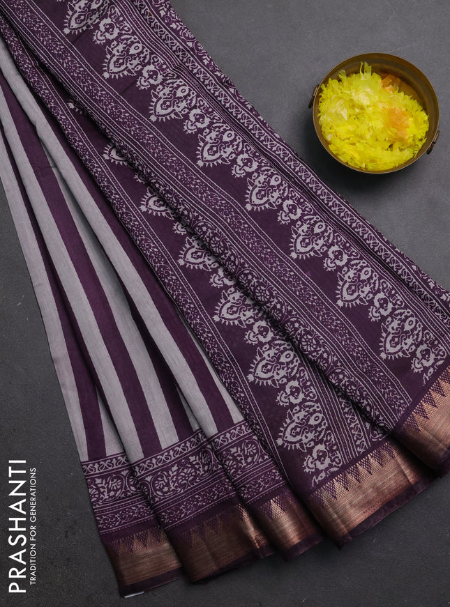 Semi maheshwari cotton saree deep purple grey with allover stripe pattern and zari woven border