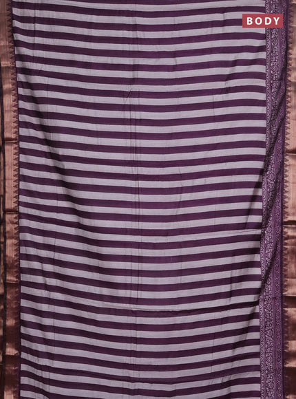 Semi maheshwari cotton saree deep purple grey with allover stripe pattern and zari woven border