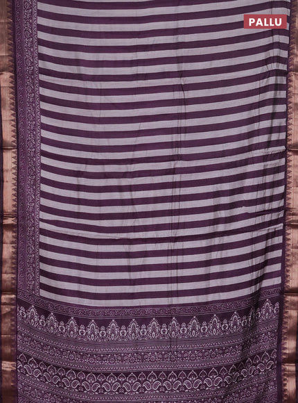 Semi maheshwari cotton saree deep purple grey with allover stripe pattern and zari woven border