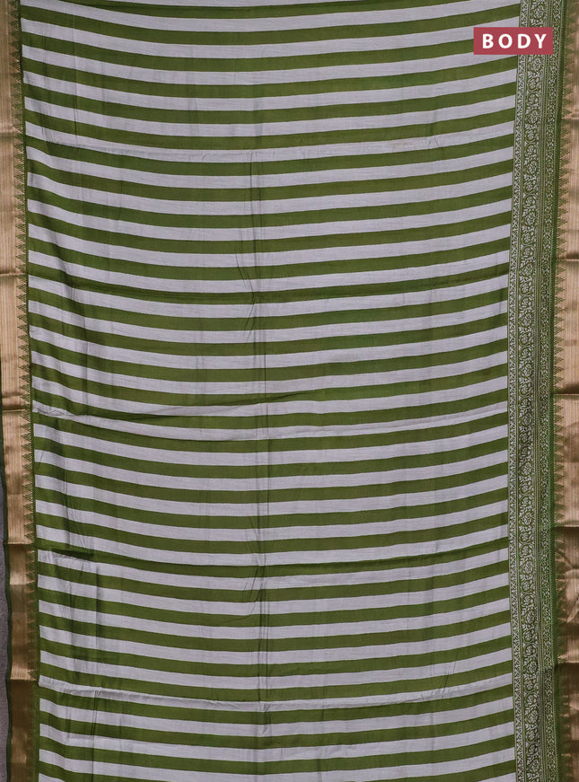 Semi maheshwari cotton saree light green grey with allover stripe pattern and zari woven border