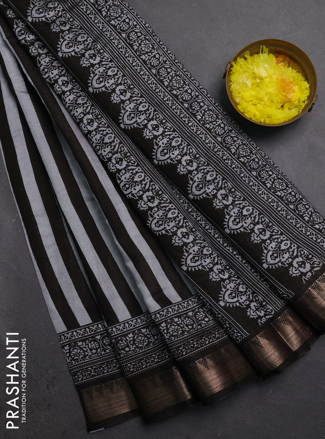 Semi maheshwari cotton saree black grey with allover stripe pattern and zari woven border