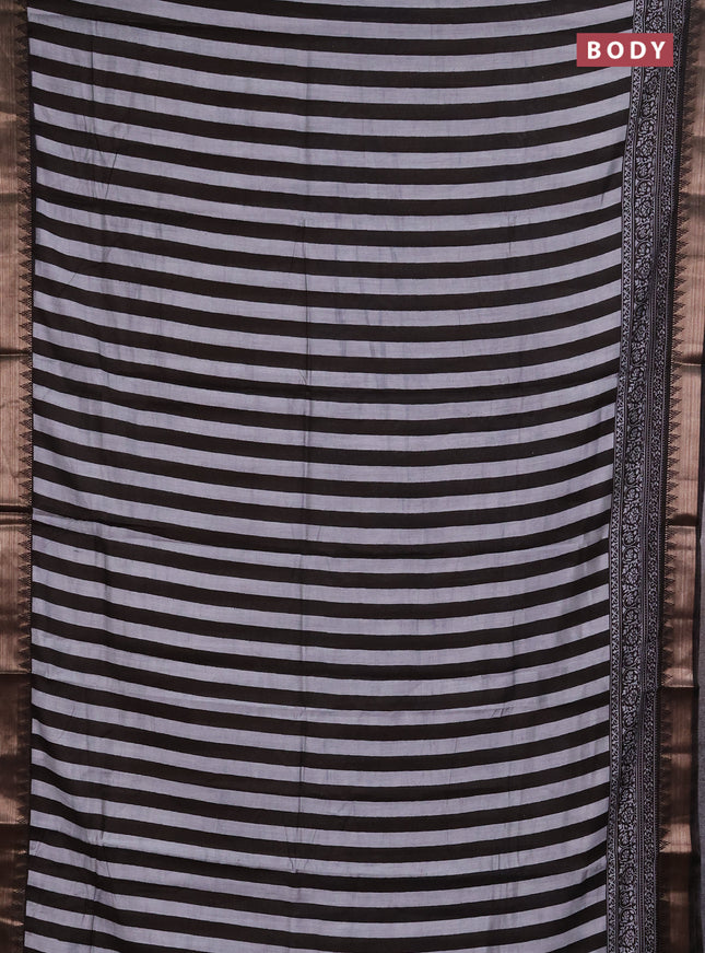 Semi maheshwari cotton saree black grey with allover stripe pattern and zari woven border