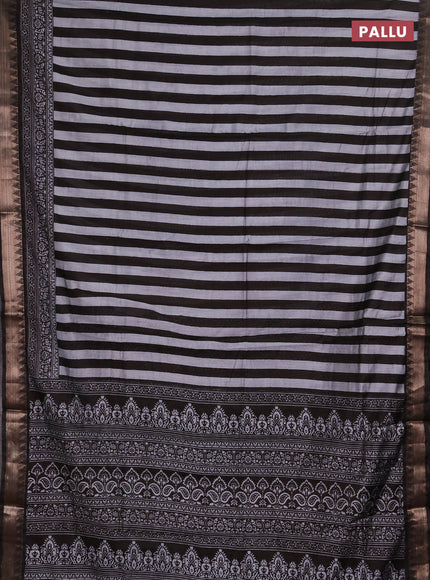 Semi maheshwari cotton saree black grey with allover stripe pattern and zari woven border