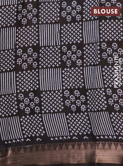 Semi maheshwari cotton saree black grey with allover stripe pattern and zari woven border