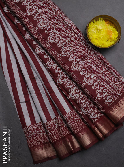 Semi maheshwari cotton saree maroon grey with allover stripe pattern and zari woven border