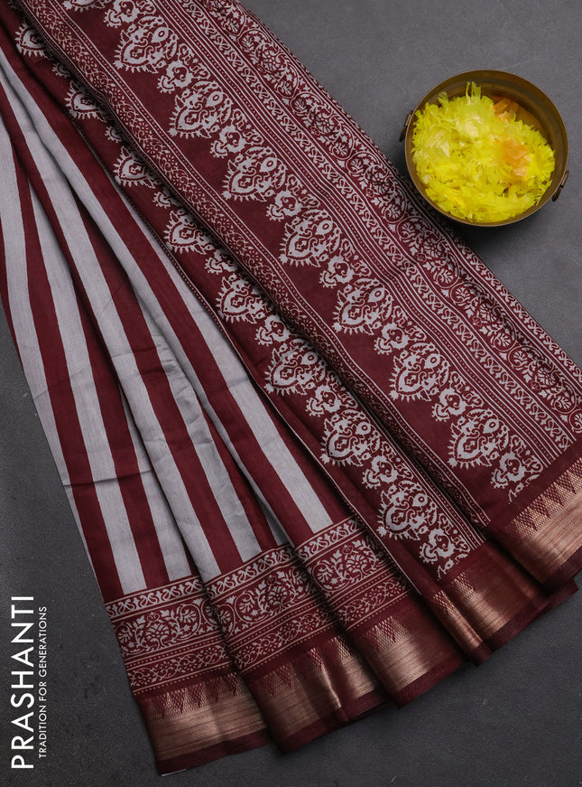 Semi maheshwari cotton saree maroon grey with allover stripe pattern and zari woven border