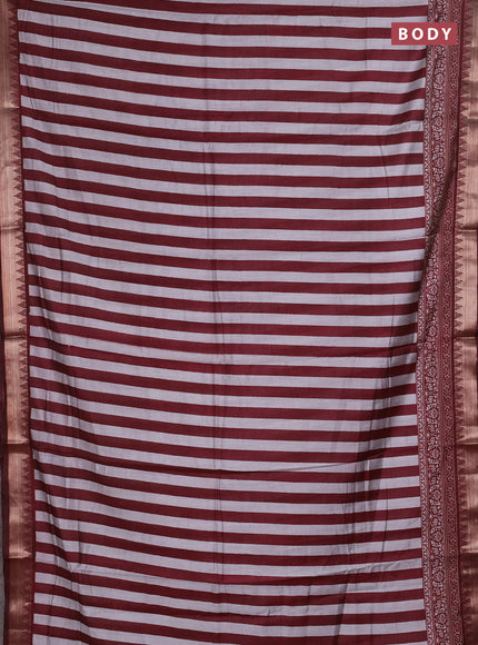Semi maheshwari cotton saree maroon grey with allover stripe pattern and zari woven border