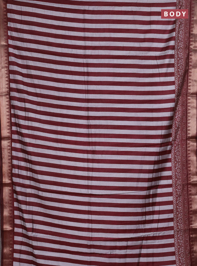 Semi maheshwari cotton saree maroon grey with allover stripe pattern and zari woven border