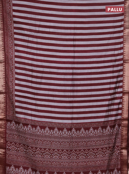 Semi maheshwari cotton saree maroon grey with allover stripe pattern and zari woven border