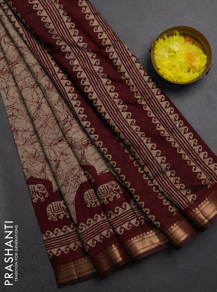 Semi maheshwari cotton saree beige and deep maroon with allover batik prints and zari woven border
