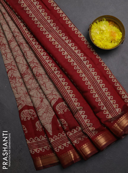 Semi maheshwari cotton saree beige and maroon with allover batik prints and zari woven border