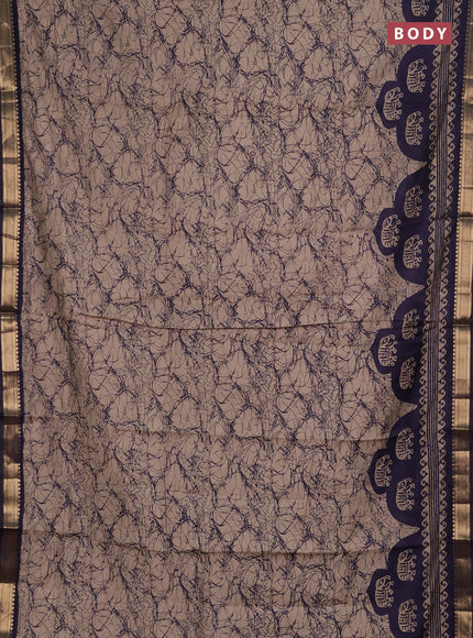 Semi maheshwari cotton saree beige and navy blue with allover batik prints and zari woven border