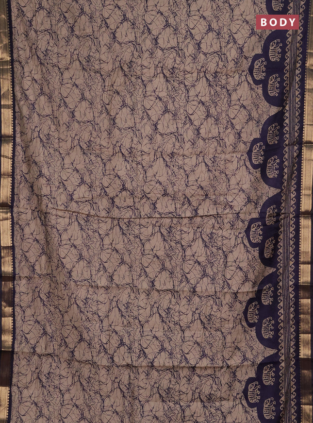 Semi maheshwari cotton saree beige and navy blue with allover batik prints and zari woven border