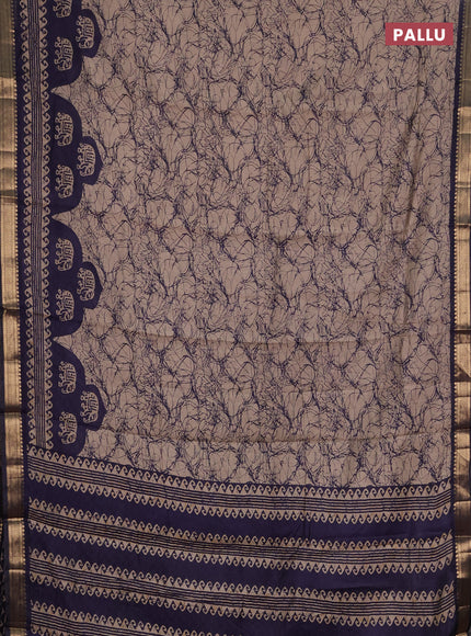 Semi maheshwari cotton saree beige and navy blue with allover batik prints and zari woven border