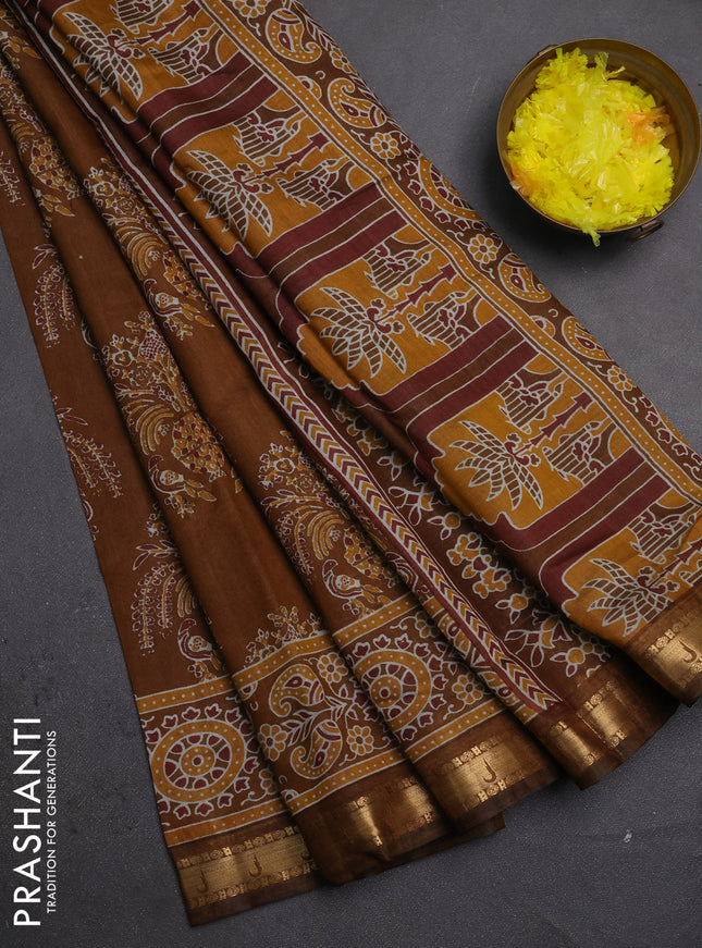 Semi maheshwari cotton saree dark mustard with allover butta prints and zari woven muniya style border