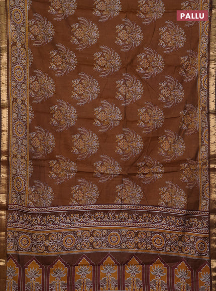 Semi maheshwari cotton saree dark mustard with allover butta prints and zari woven muniya style border