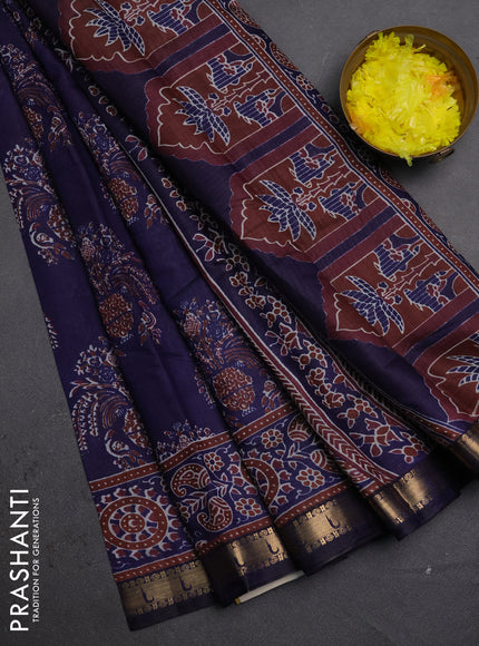 Semi maheshwari cotton saree navy blue with allover butta prints and zari woven muniya style border