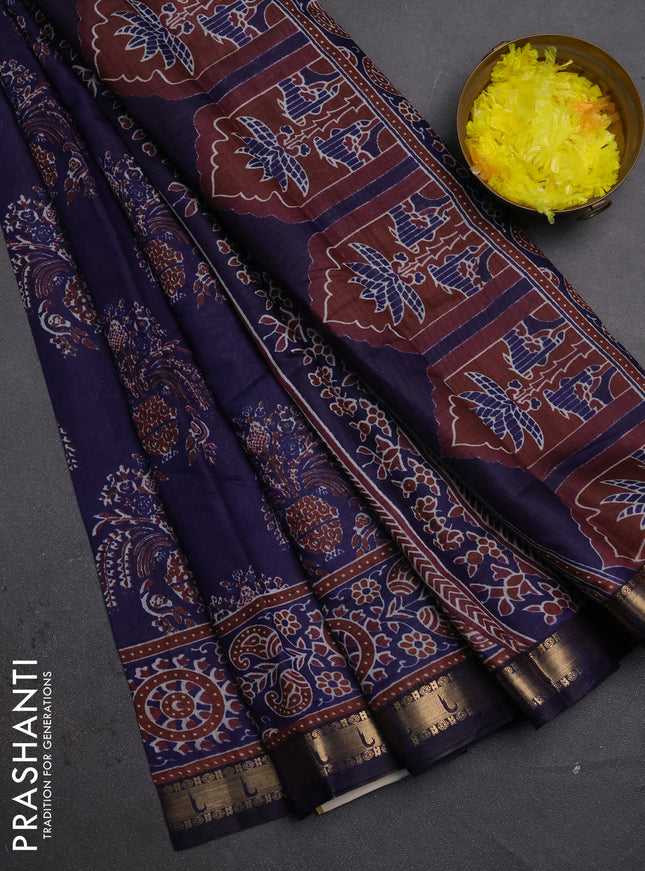Semi maheshwari cotton saree navy blue with allover butta prints and zari woven muniya style border
