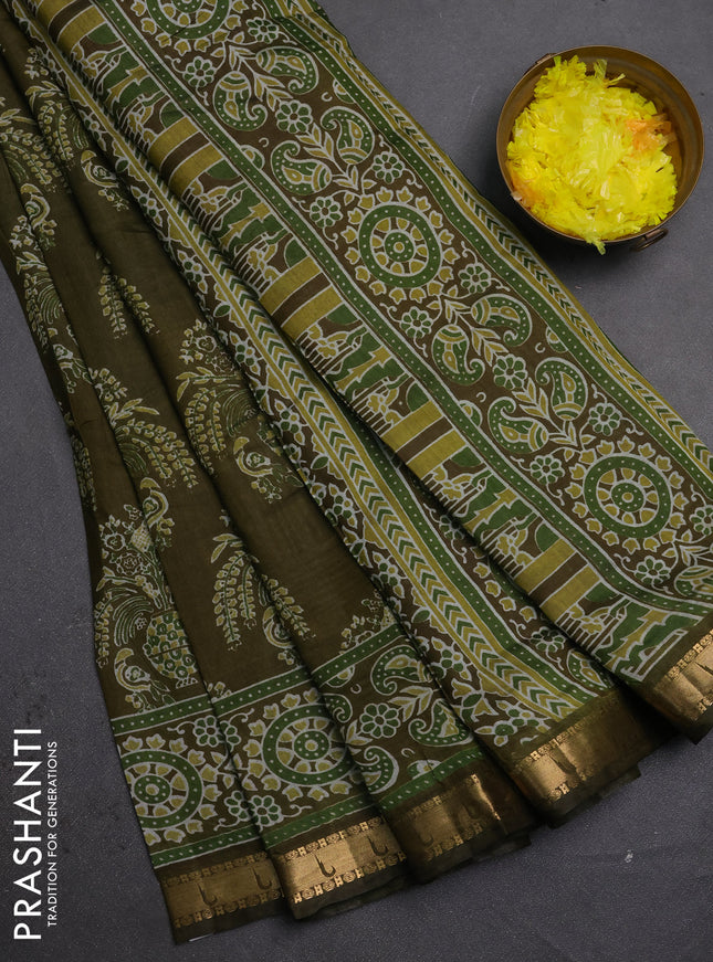 Semi maheshwari cotton saree olive green with allover butta prints and zari woven muniya style border