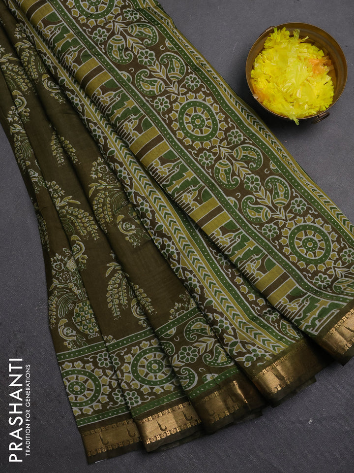 Semi maheshwari cotton saree olive green with allover butta prints and zari woven muniya style border