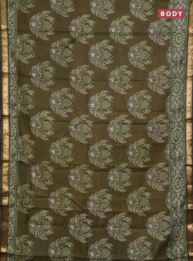 Semi maheshwari cotton saree olive green with allover butta prints and zari woven muniya style border