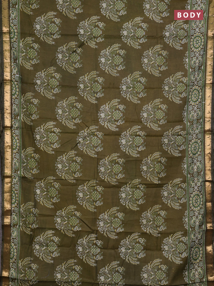 Semi maheshwari cotton saree olive green with allover butta prints and zari woven muniya style border