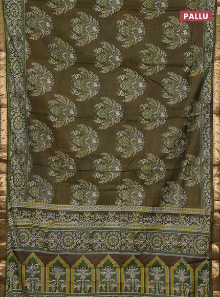Semi maheshwari cotton saree olive green with allover butta prints and zari woven muniya style border